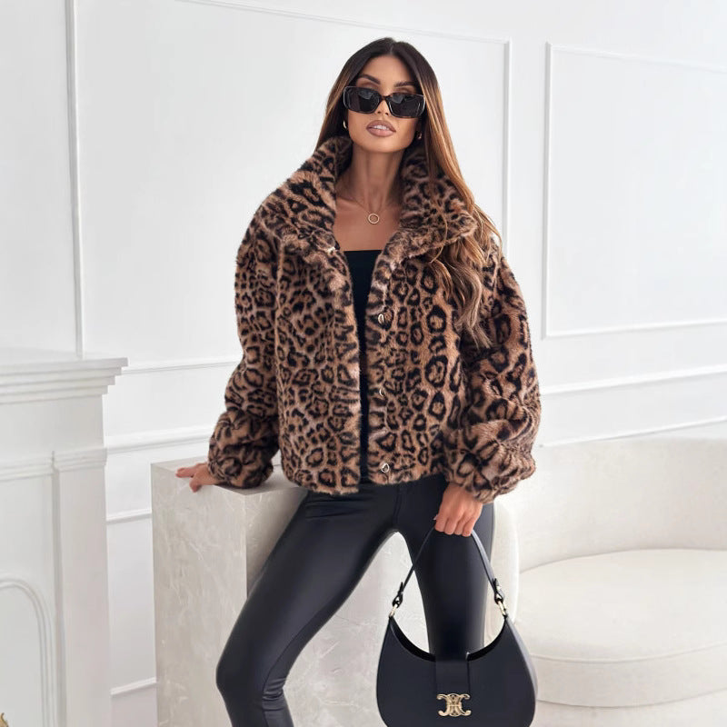 Damen kuschelige Leopardenfelljacke R&B