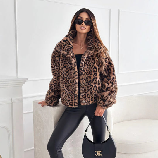 Damen kuschelige Leopardenfelljacke R&B