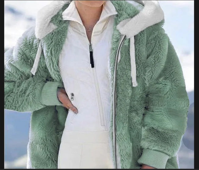 Damen Kuschelige Kunstpelzjacke mit Kapuze R&B