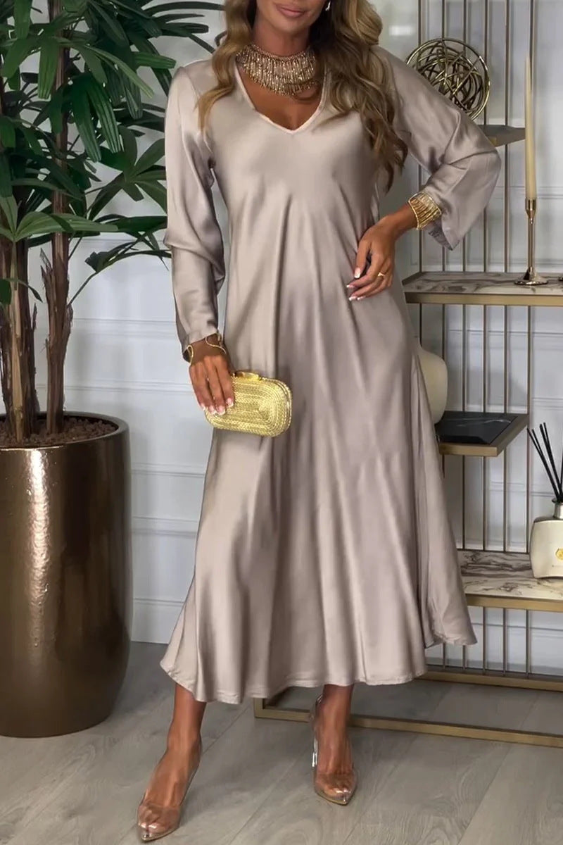 Damen elegantes Maxikleid mit tiefem V-Ausschnitt und fließendem Schnitt R&B