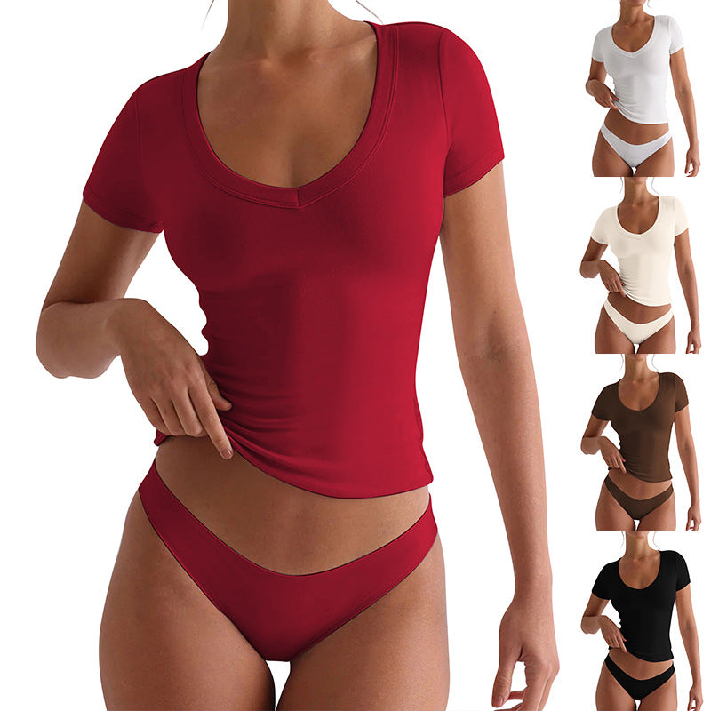 Damen figurbetontes V-Neck T-Shirt mit kurzen Ärmeln R&B