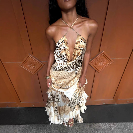 Damen Maxikleid mit tiefem V-Ausschnitt, Rüschensaum und tierischem Muster R&B