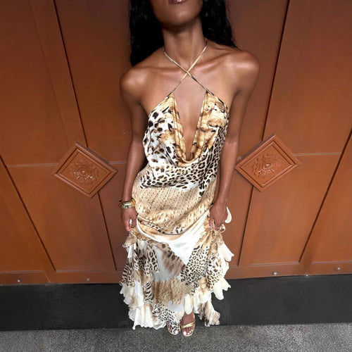 Damen Maxikleid mit tiefem V-Ausschnitt, Rüschensaum und tierischem Muster R&B