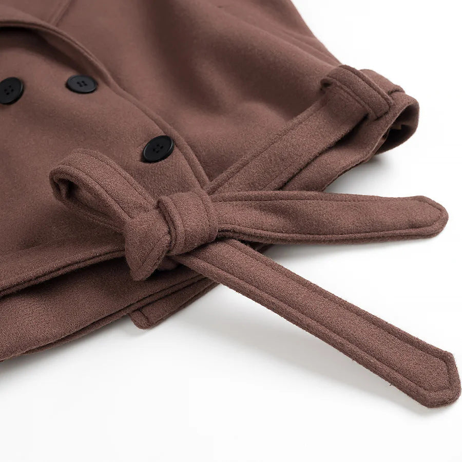 Damen elegante Kurzmantel mit doppelter Knopfreihe und Taillengürtel R&B