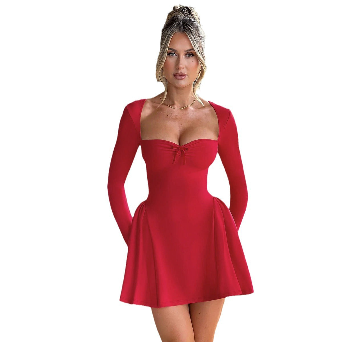 Damen Elegantes Minikleid mit Balconette-Ausschnitt und Puffärmeln R&B