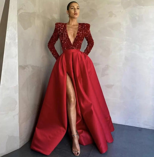 Damen Glamouröses Abendkleid mit tiefem V-Ausschnitt und hochgeschnittenem Rock R&B