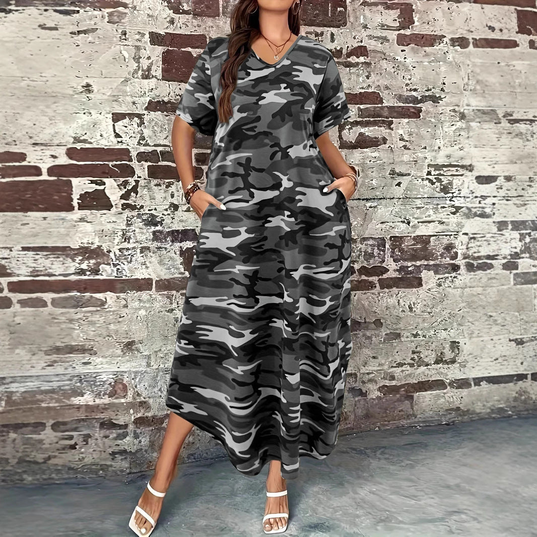 Damen Maxi-Kleid mit modernem Camouflage-Design und praktischen Taschen R&B