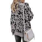 Damen Oversized Strickpullover mit Leopardenmuster und hohem Kragen R&B