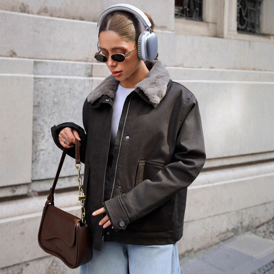 Damen lässige Übergangsjacke mit Kunstfellkragen und praktischen Taschen R&B