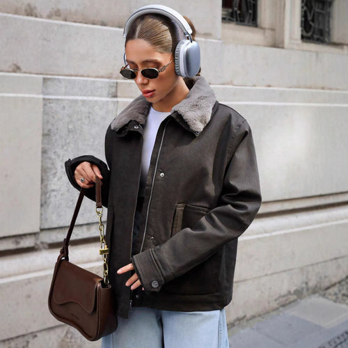 Damen lässige Übergangsjacke mit Kunstfellkragen und praktischen Taschen R&B