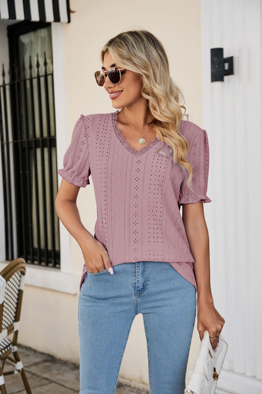 Damen Bluse mit luftigen Rüschen und durchbrochenem Design R&B