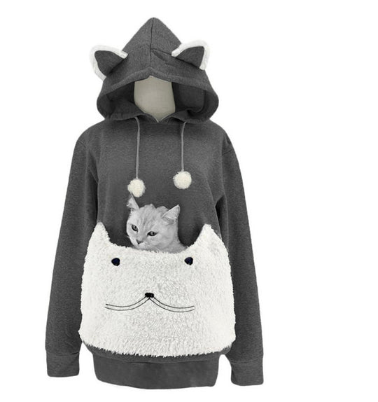 Damen Kuscheliger Kapuzenpullover mit Katzenmotiv und praktischer Känguru-Tasche R&B