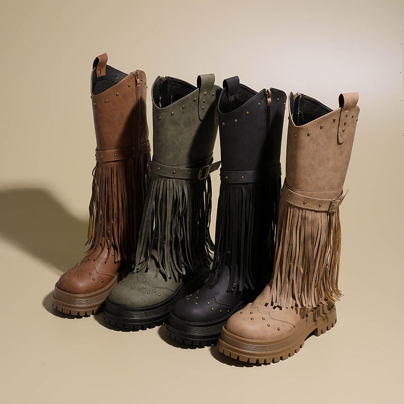 Damen Overknee-Stiefel mit modischem Fransen-Design und robustem Profil R&B