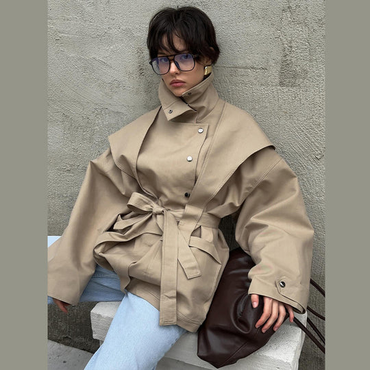 Damen Modische Übergangsjacke mit hohem Kragen und Bindegürtel R&B