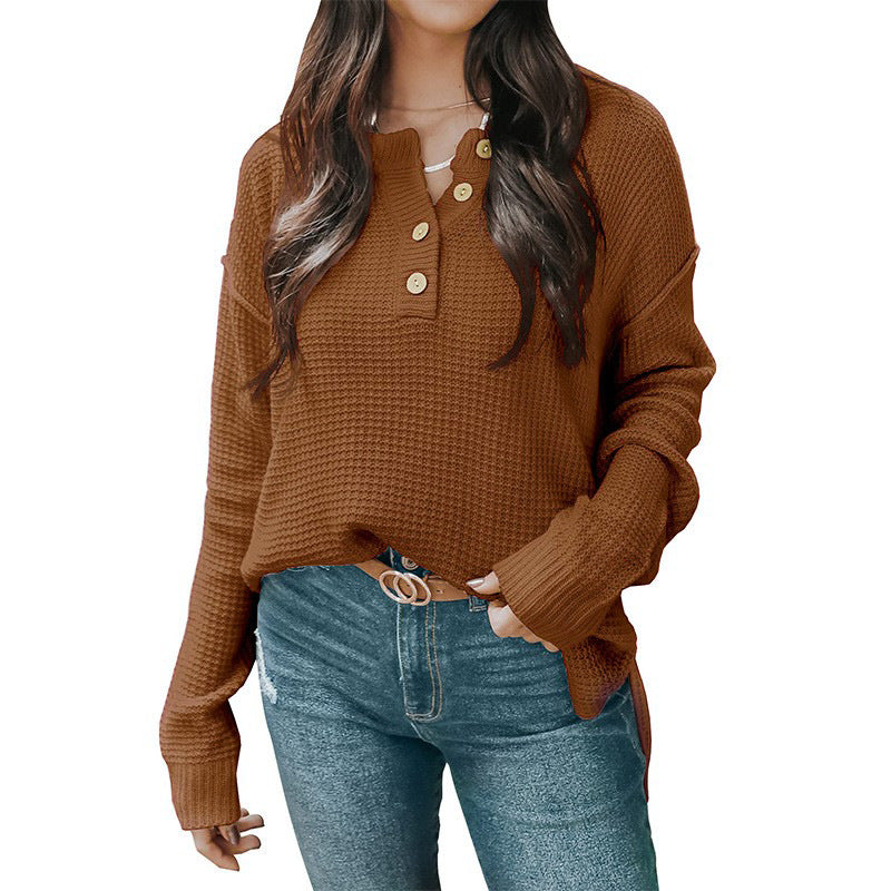 Damen lässiger Oversized Pullover mit Knopfleiste und strukturiertem Material R&B