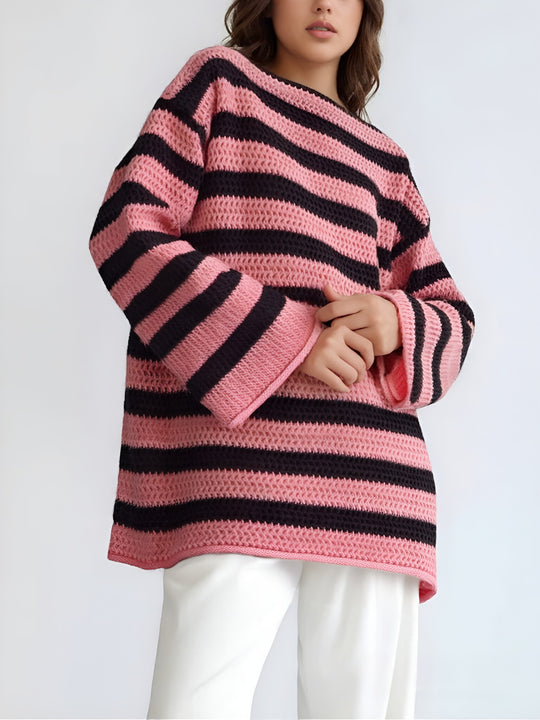 Damen Grobstrickpullover mit modischem Streifenmuster und lässigem Schnitt R&B