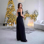 Damen Eleganter Jumpsuit mit tiefem V-Ausschnitt und schwingenden Beinnähten EB