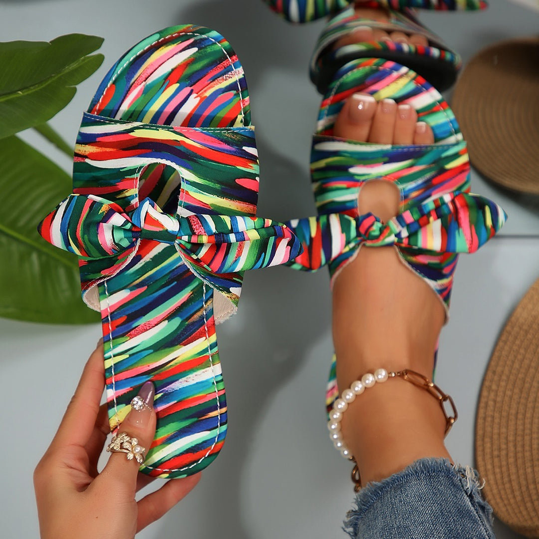 Damen Offene Sandalen mit dekorativem Schleifen-Detail und buntem Muster R&B