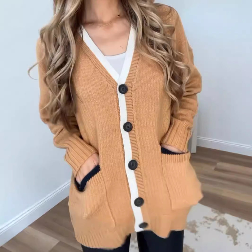 Damen Strickjacke mit Taschen und modernen Knöpfen R&B