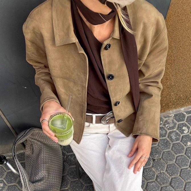 Damen Modische Wildlederjacke im lässigen Schnitt mit Knopfdetails R&B