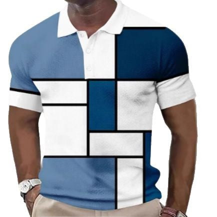 Herren nan kurzärmeliges Poloshirt mit geometrischem Blockmuster und feinem Strukturpiqué R&B