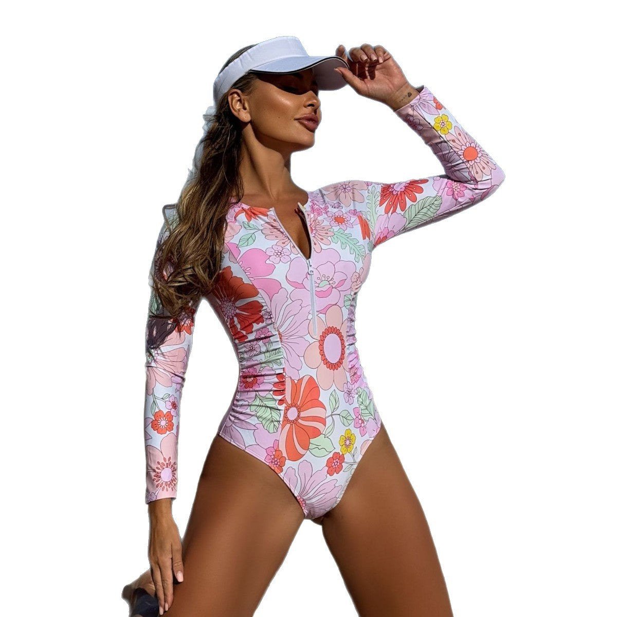 Damen Einteiliger Badeanzug mit floralem Druck und sportlichem Reißverschluss R&B