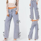 Damen lässige Cargo-Jeans mit stylischem Schleifen-Detail