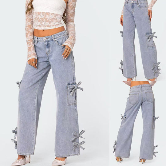 Damen lässige Cargo-Jeans mit stylischem Schleifen-Detail R&B