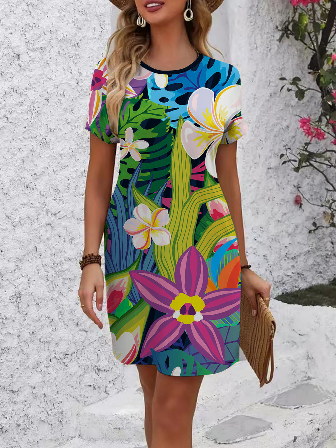 Damen Kurzarm Kleid mit botanischem Druck R&B