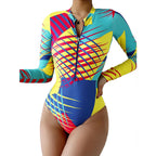 Damen Langärmliger Badeanzug mit Reißverschluss und trendigem geometrischem Design R&B