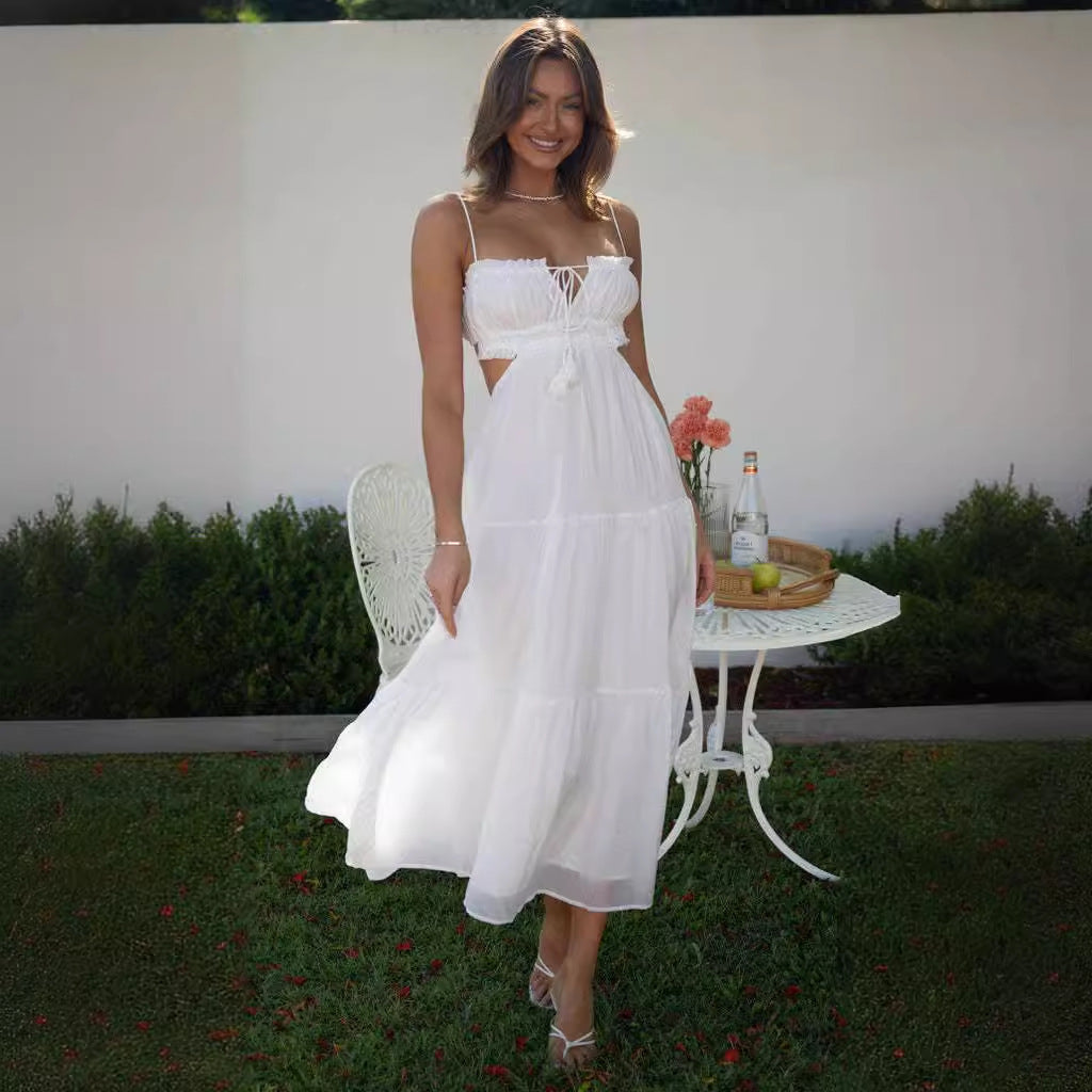 Damen luftiges Maxikleid mit Rüschendetails und verstellbarem Taillenband R&B