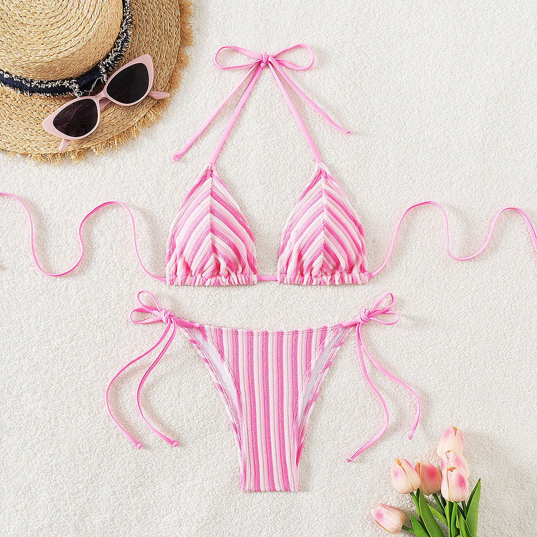 Damen Triangel-Bikini mit raffinierten Streifen und verspielten Schleifen R&B