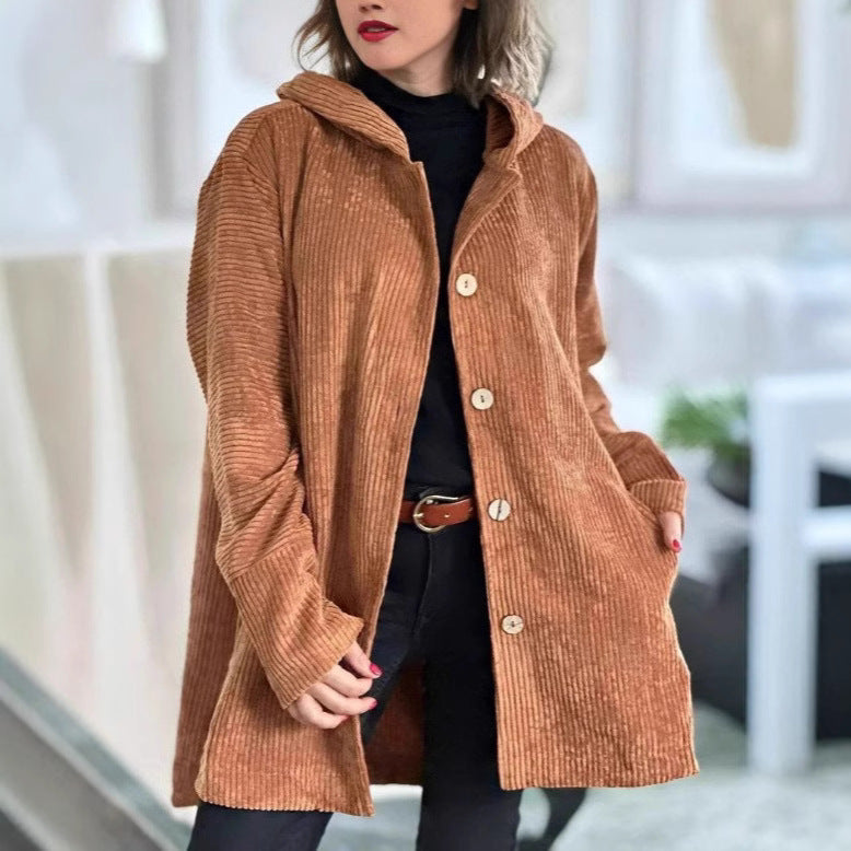 Damen Kapuzenjacke aus Rippstoff mit Holzknöpfen und Freizeit-Schnitt R&B