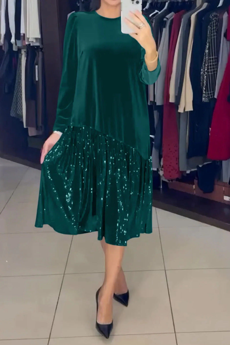 Damen nan Samt-Midikleid mit plissiertem Paillettenrock, lockerem A-Linien-Schnitt und Rundhalsausschnitt R&B