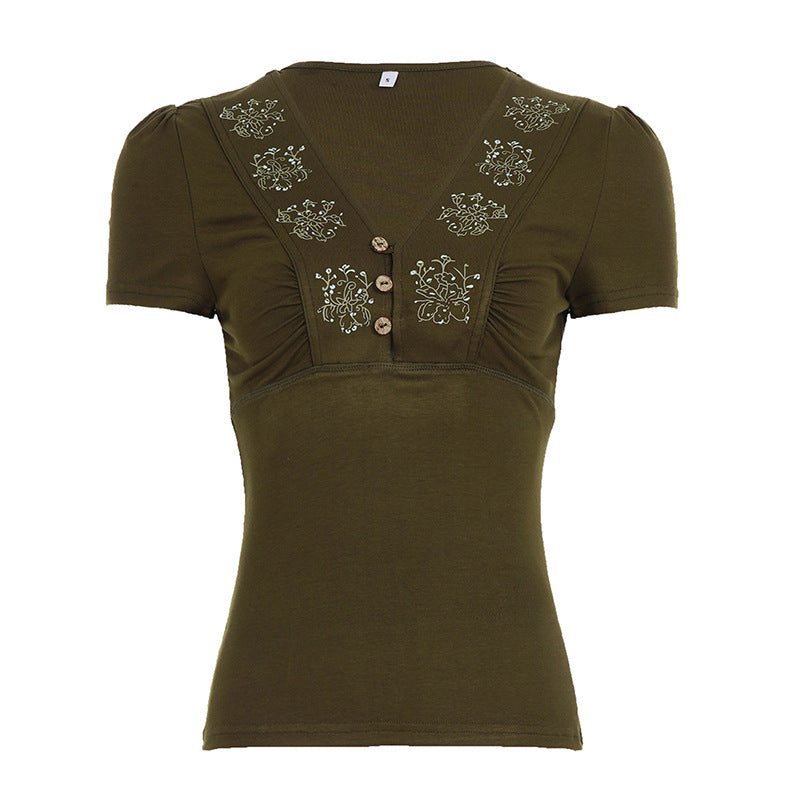 Damen Kurzarmshirt mit dekorativen Knopf- und Stickdetails R&B