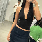 Damen Elegantes Crop-Top mit tiefem V-Ausschnitt und Wickeldetails R&B