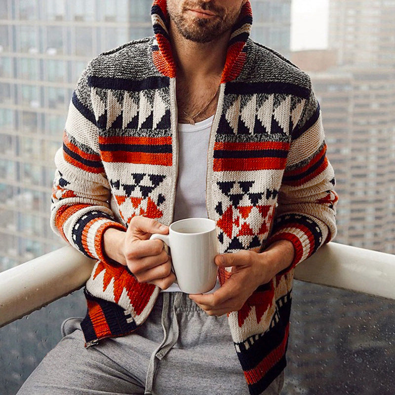 Herren Strickjacke mit geometrischem Muster und hoher Kragen R&B