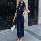 Damen lässiges Midi-Kleid mit Knopfverschluss und Raffung