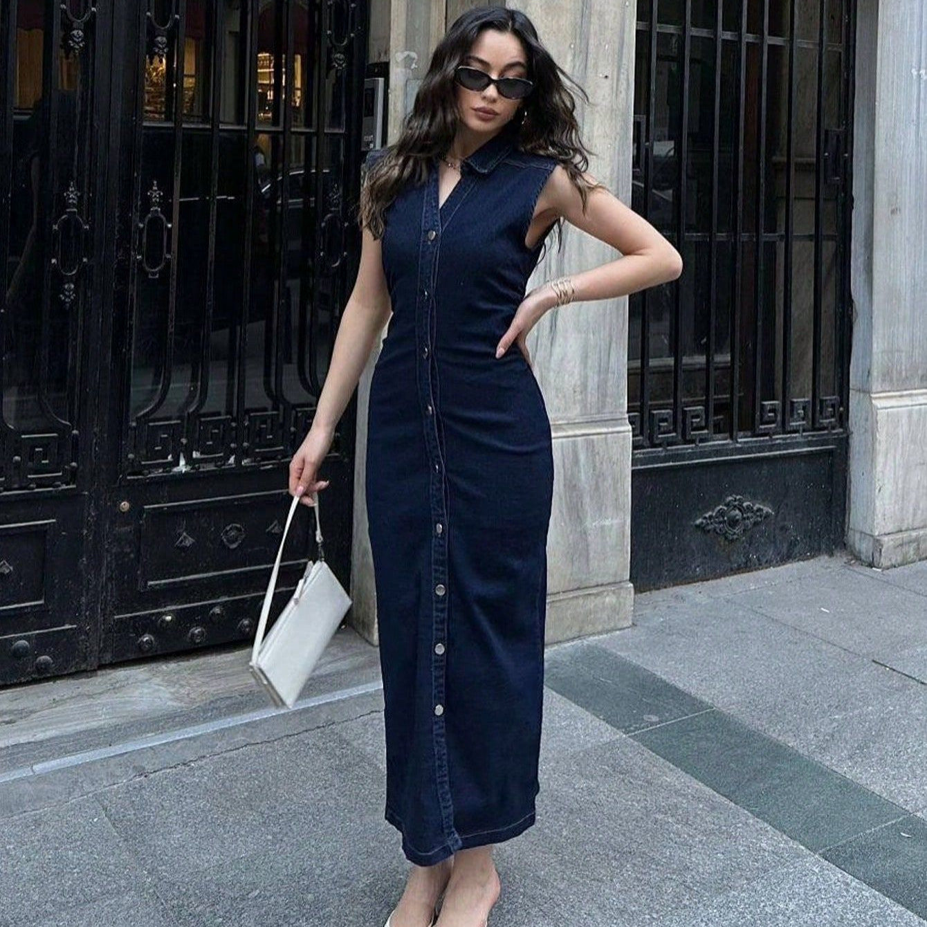 Damen lässiges Midi-Kleid mit Knopfverschluss und Raffung
