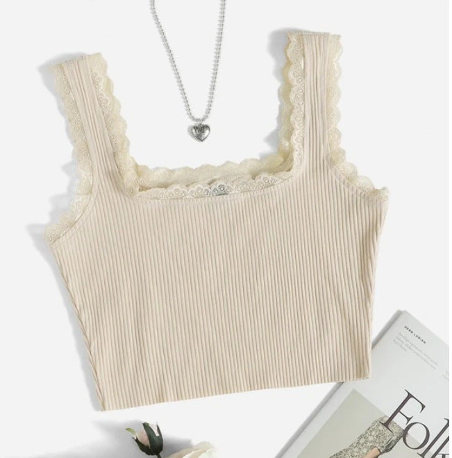 Damen modisches Basic-Crop-Top aus feiner Rippstruktur mit Spitzenrand R&B