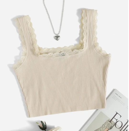 Damen modisches Basic-Crop-Top aus feiner Rippstruktur mit Spitzenrand R&B