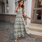 Damen luftiges Maxikleid mit V-Ausschnitt und elastischem Taillendesign R&B