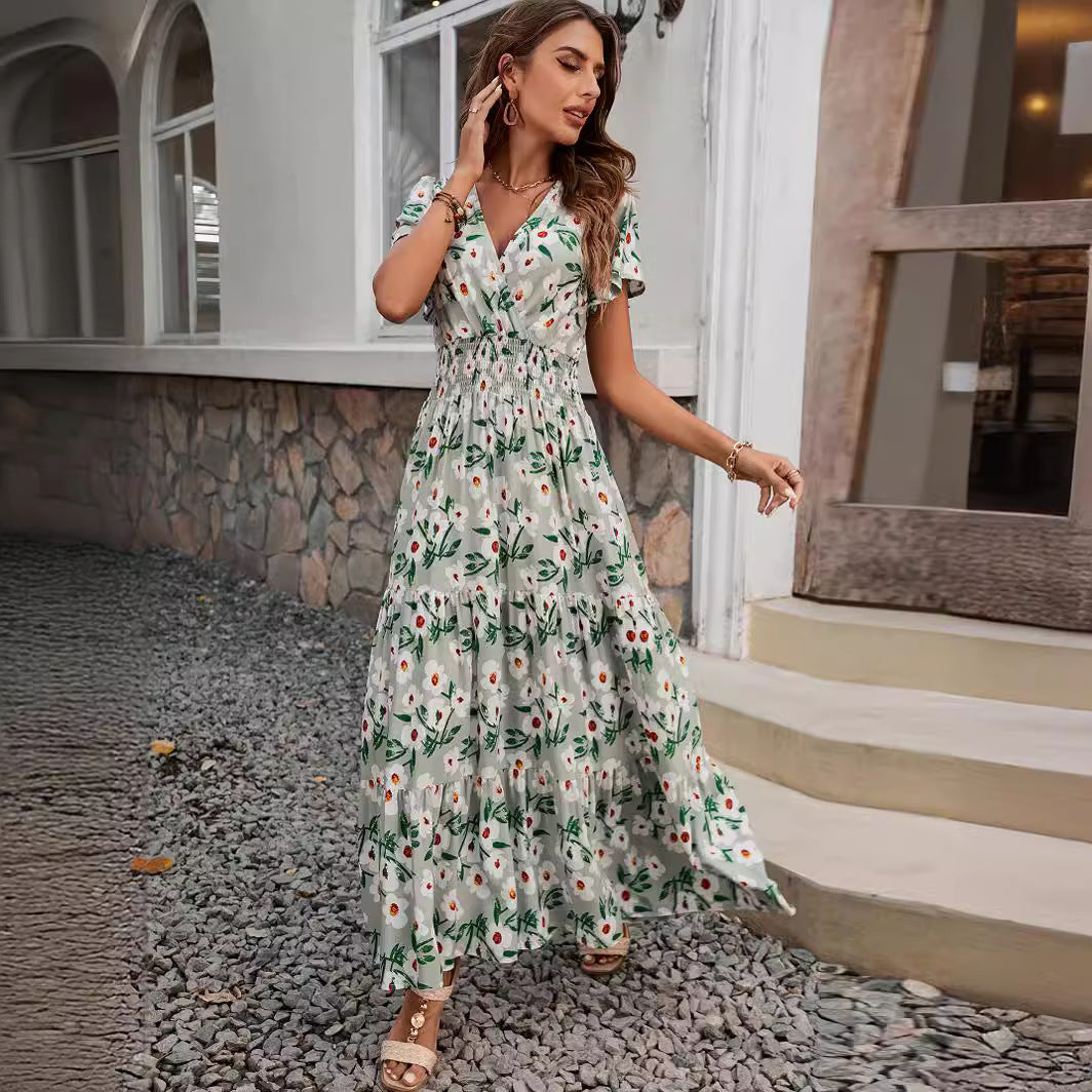 Damen luftiges Maxikleid mit V-Ausschnitt und elastischem Taillendesign R&B