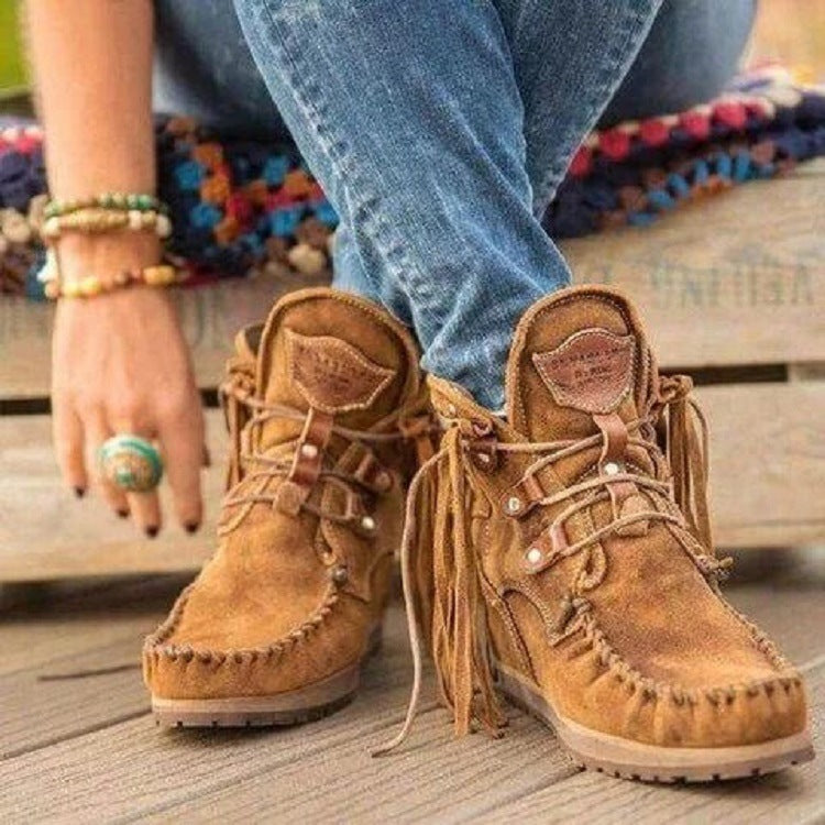 Damen Mokassinstiefel mit modischen Fransen und dekorativen Nähte R&B