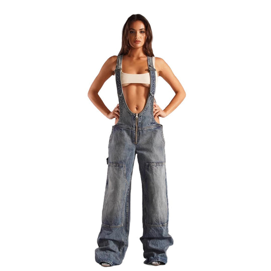Damen lässige Denim-Latzhose mit oversized Schnitt und praktischen Taschen R&B