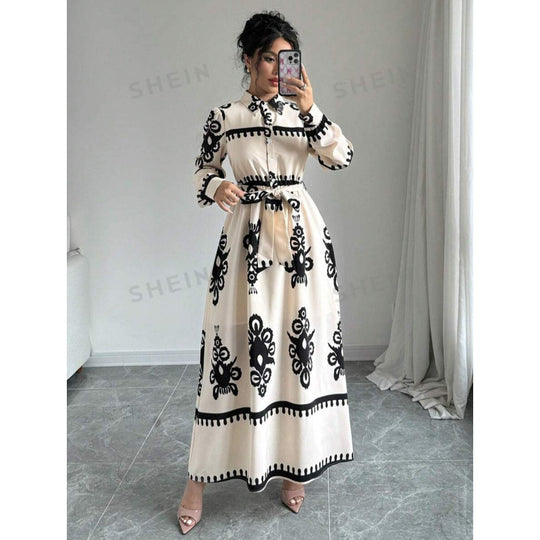 Damen Langarm-Maxikleid mit elegantem Knopfdesign und taillierbarem Gürtel R&B