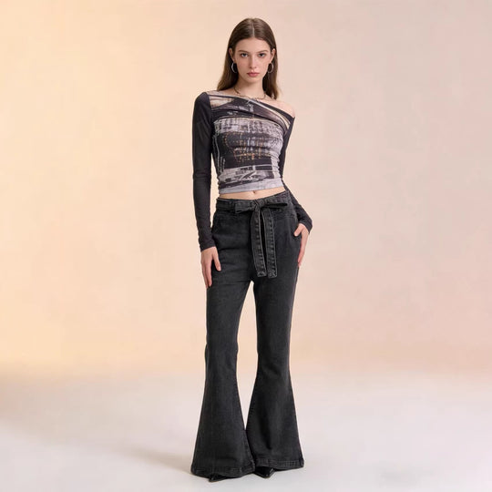 Damen Flared Jeans mit Gürtel und hohem Bund R&B