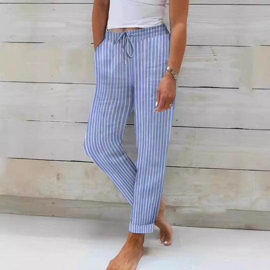 Damen entspannte Baumwoll-Streifenhose mit verstellbarem Bund R&B