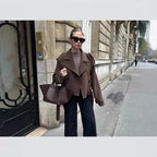 Damen elegante und vielseitige Wolljacke mit doppelter Knopfleiste und breitem Kragen R&B