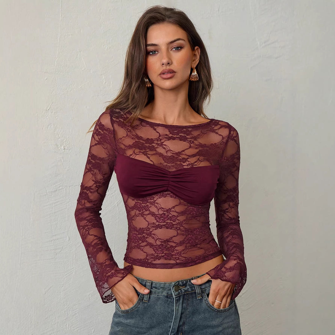 Damen nan tailliertes Spitzenoberteil mit integriertem Bustier und geraffter Brustpartie R&B